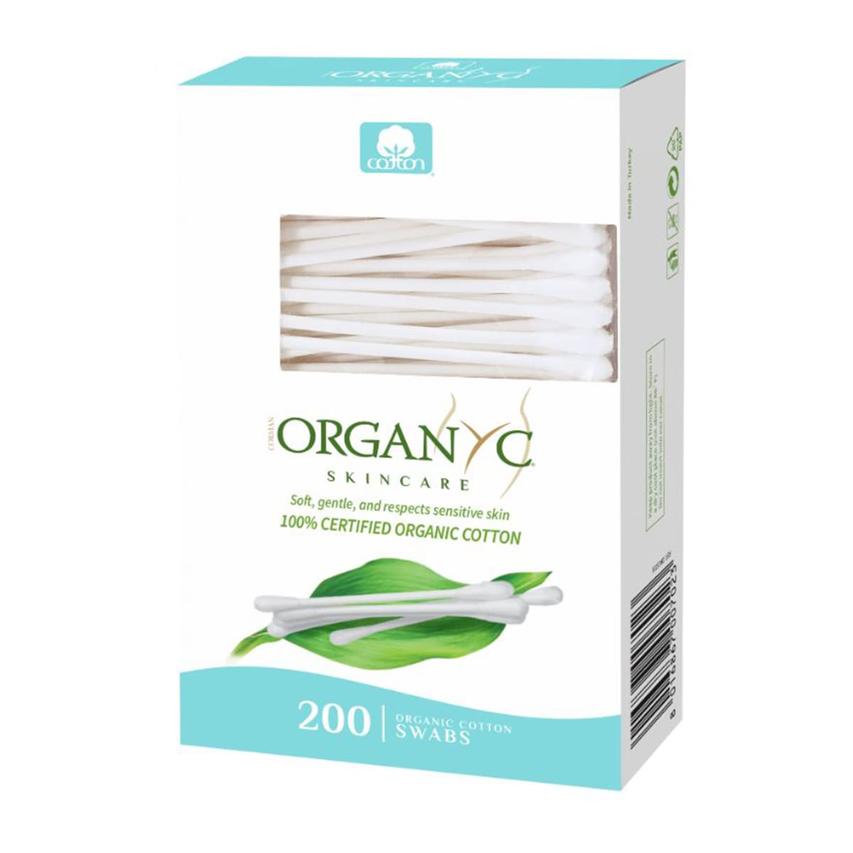Organyc empaquetado con 200 unidades de hisopos blancos para almacenamiento práctico.