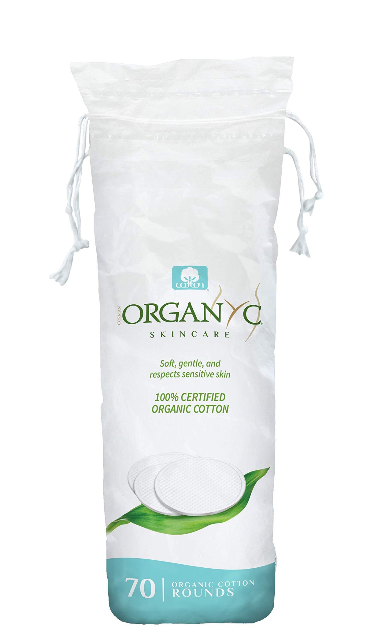 Organyc makeup pads close-up texture showing natural cotton fibers for gentle cleansing.