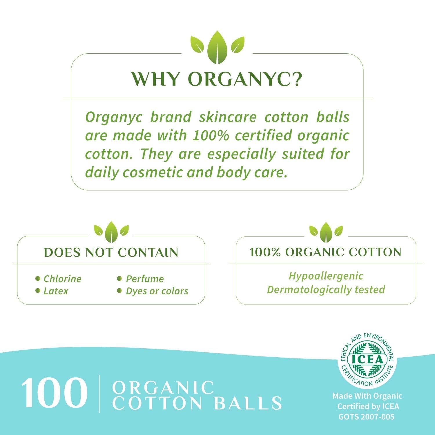 Organyc cotton balls in pure packaging supporting sustainability and purity.