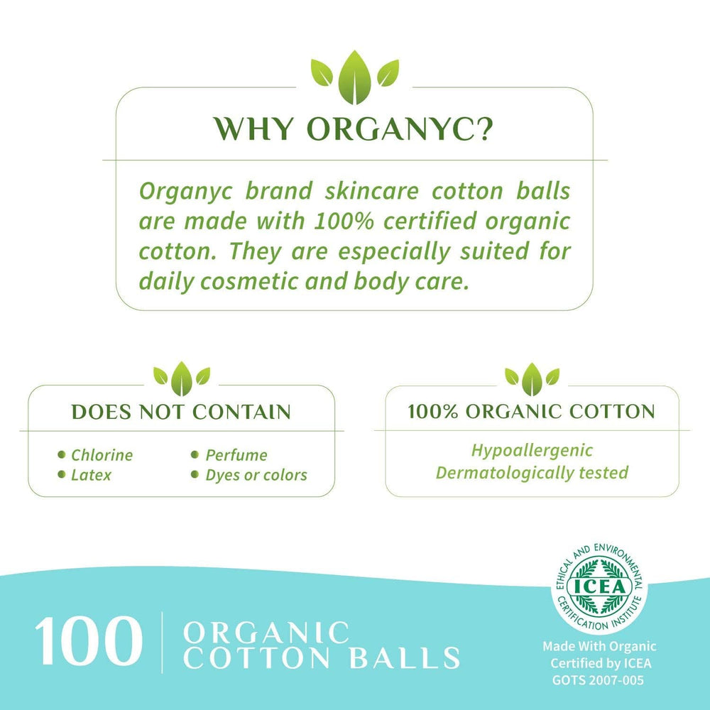 Organyc cotton balls in pure packaging supporting sustainability and purity.