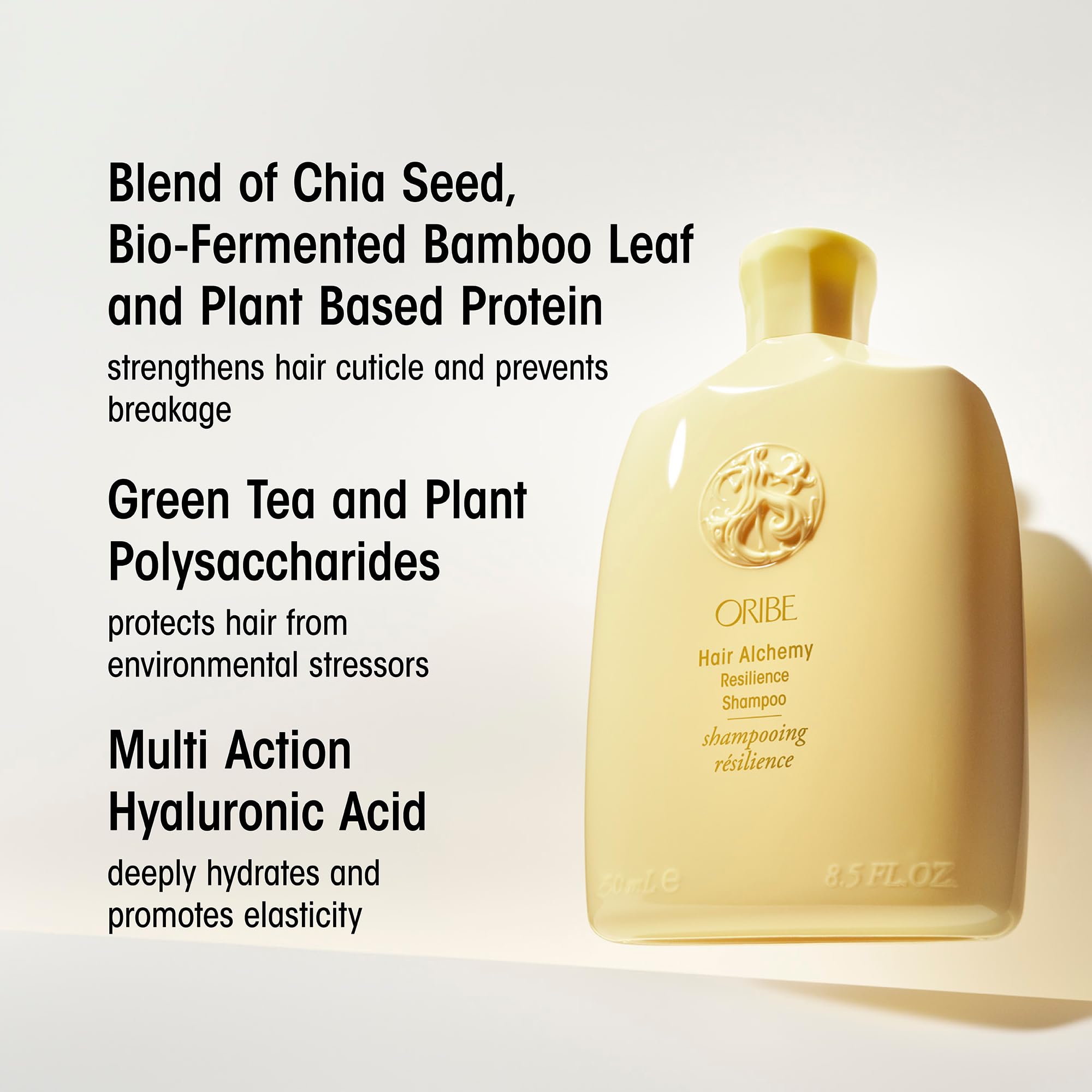 Oribe Alchemy Resilience Champú, hoja bambu fermentada, aporta elasticidad y protección.