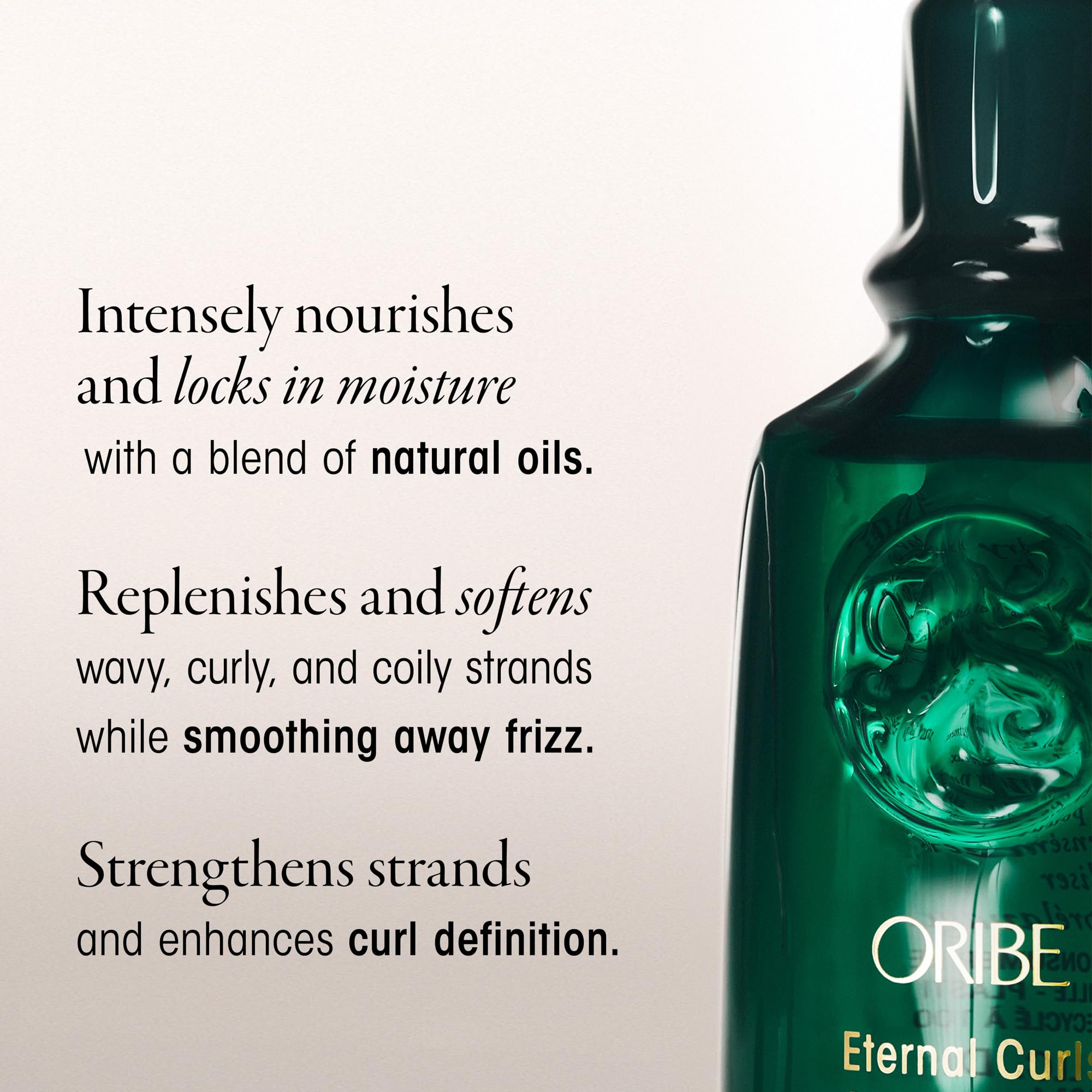 Oribe Eternal Curls Polish & Protect Oil gleaming bottle showcases polished shine.
