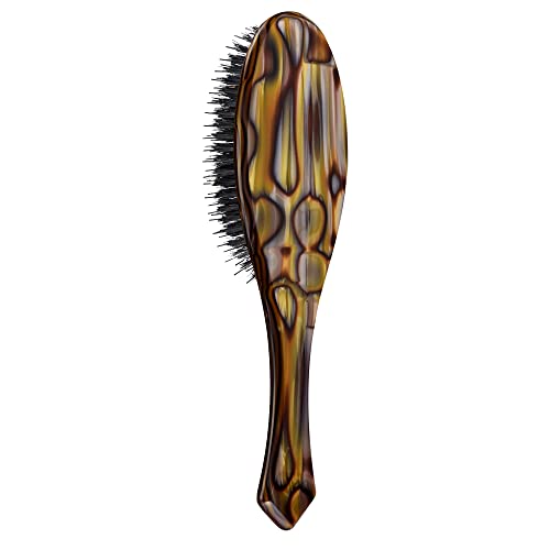 Oribe Flat Brush highlights boar bristles and nylon pins for gentle scalp stimulation.