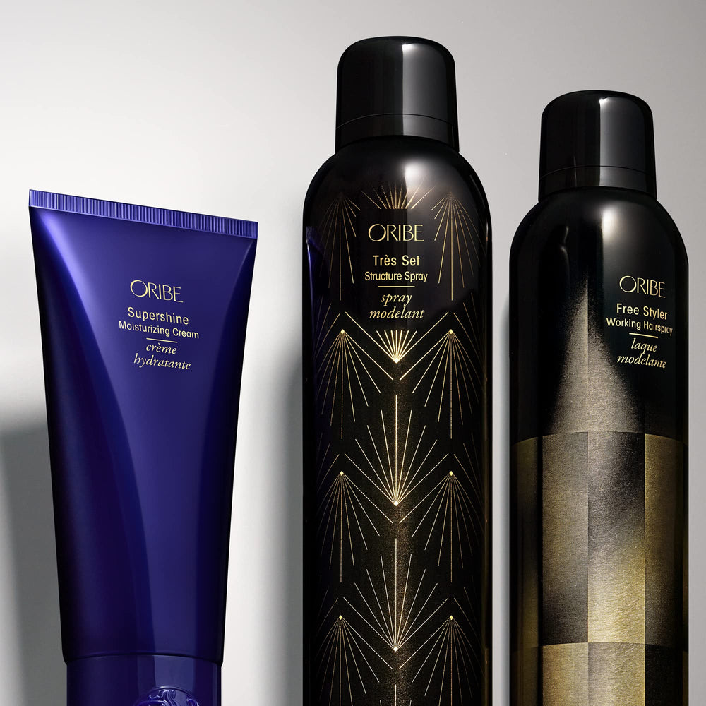 Oribe Free Styler hairspray finish on hair enables flexible styling throughout the day.