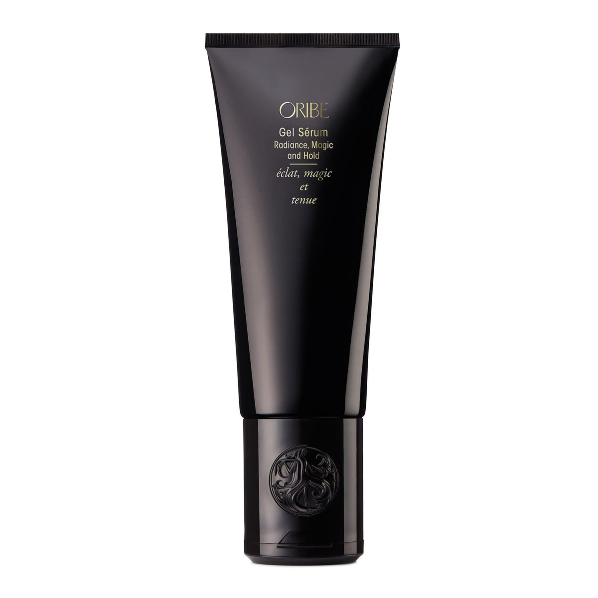 Oribe Gel Radiance Magic and Hold Serum bottle showing shine and flexible hold.