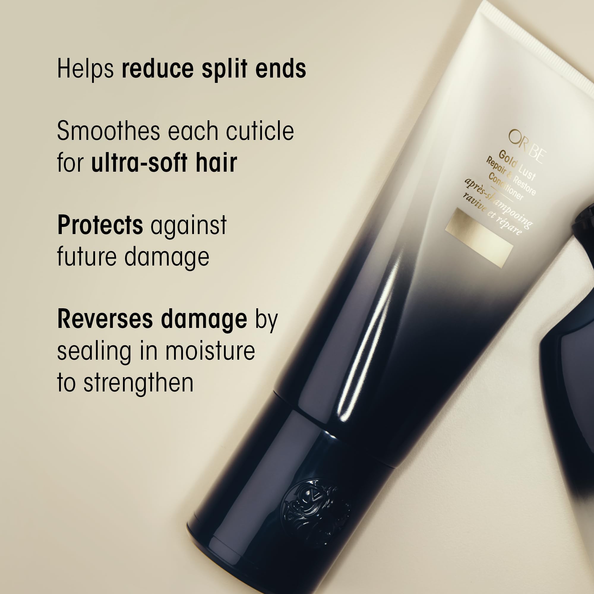 Oribe Gold Lust conditioner application pump for even, smooth distribution.