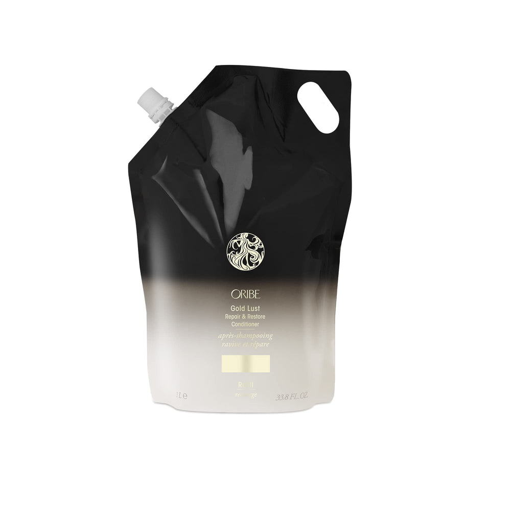 Oribe Gold Lust conditioner bottle with liter refill, premium moisture for dry hair.