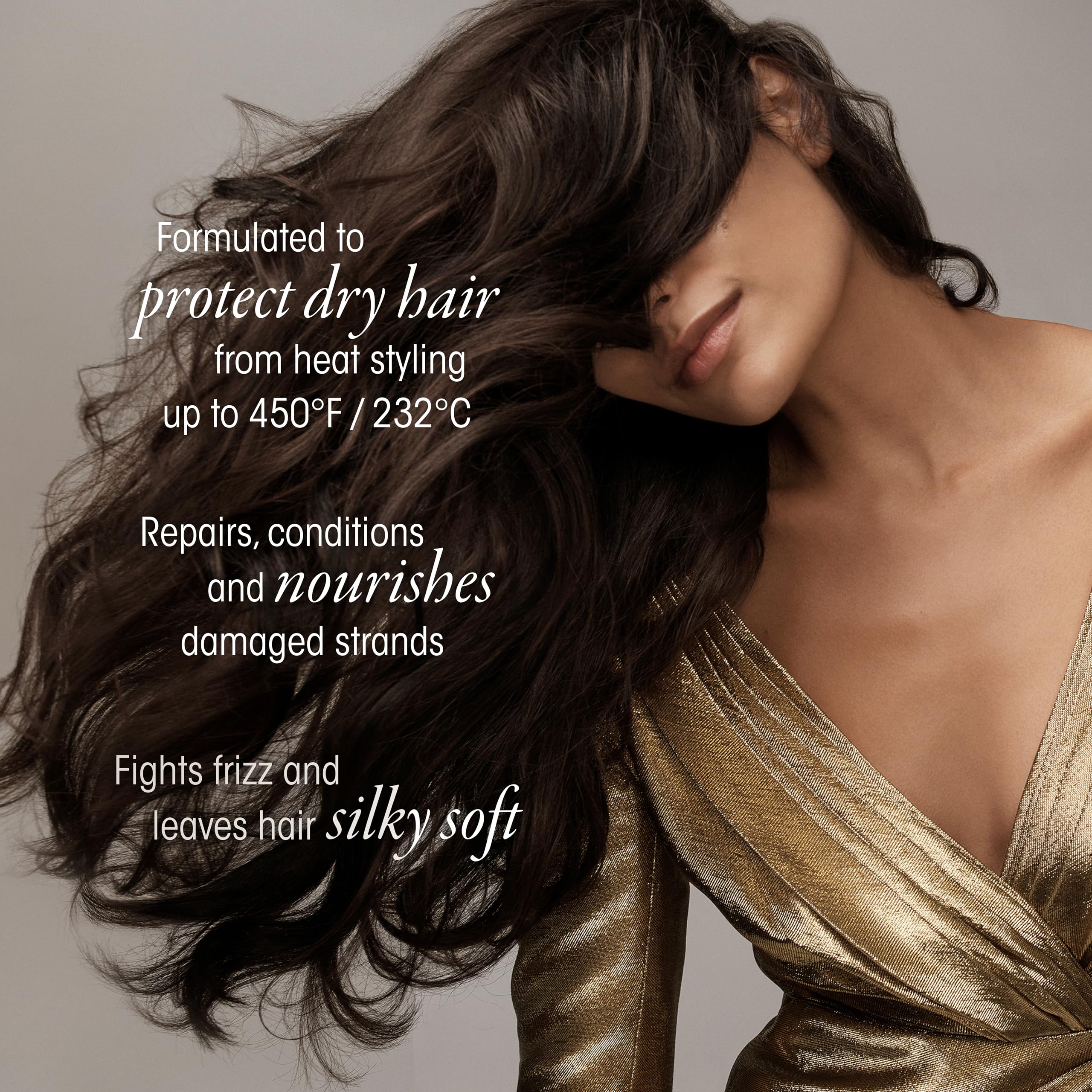Oribe Gold Lust bottle highlights soft hair finish and frizz control after use