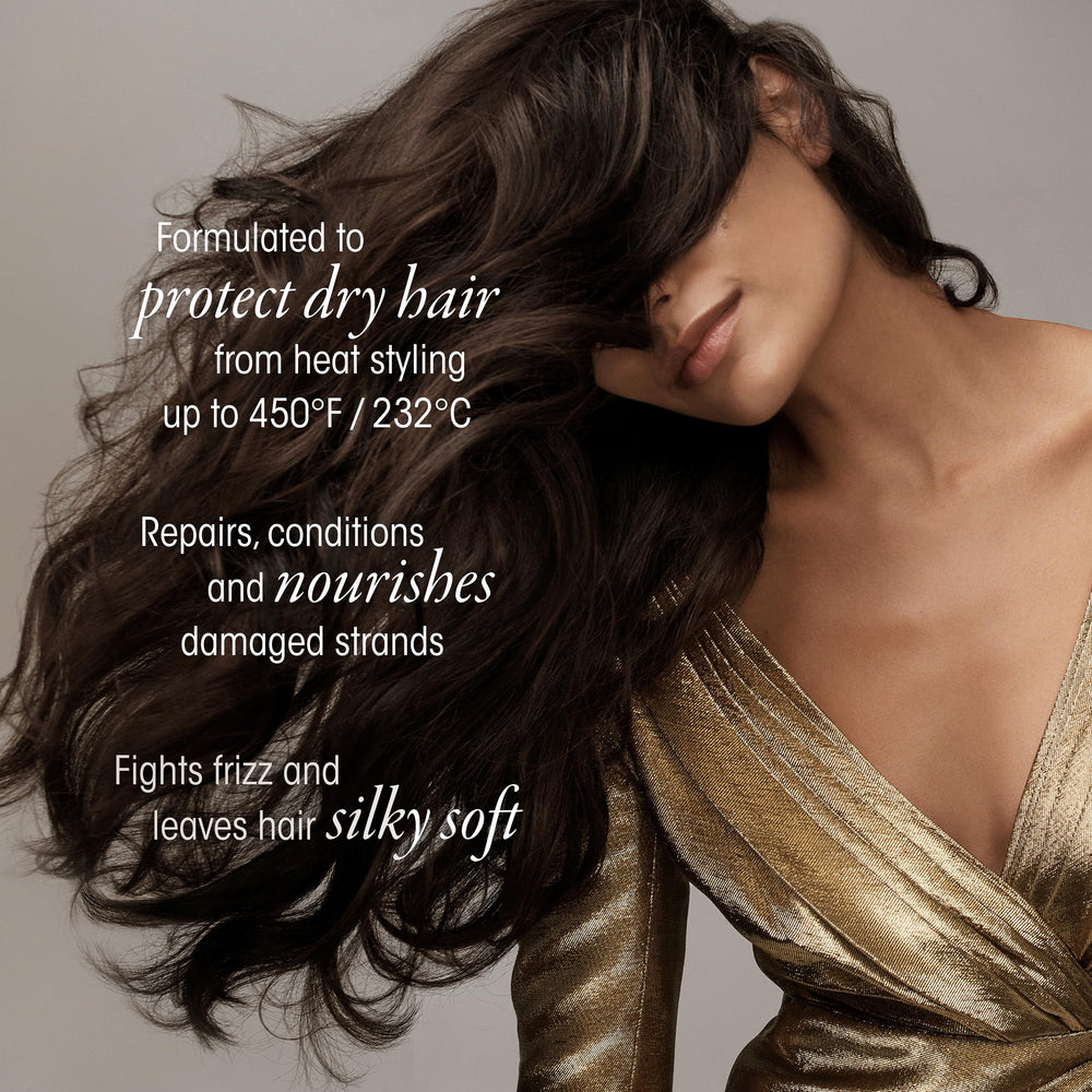Oribe Gold Lust bottle highlights soft hair finish and frizz control after use