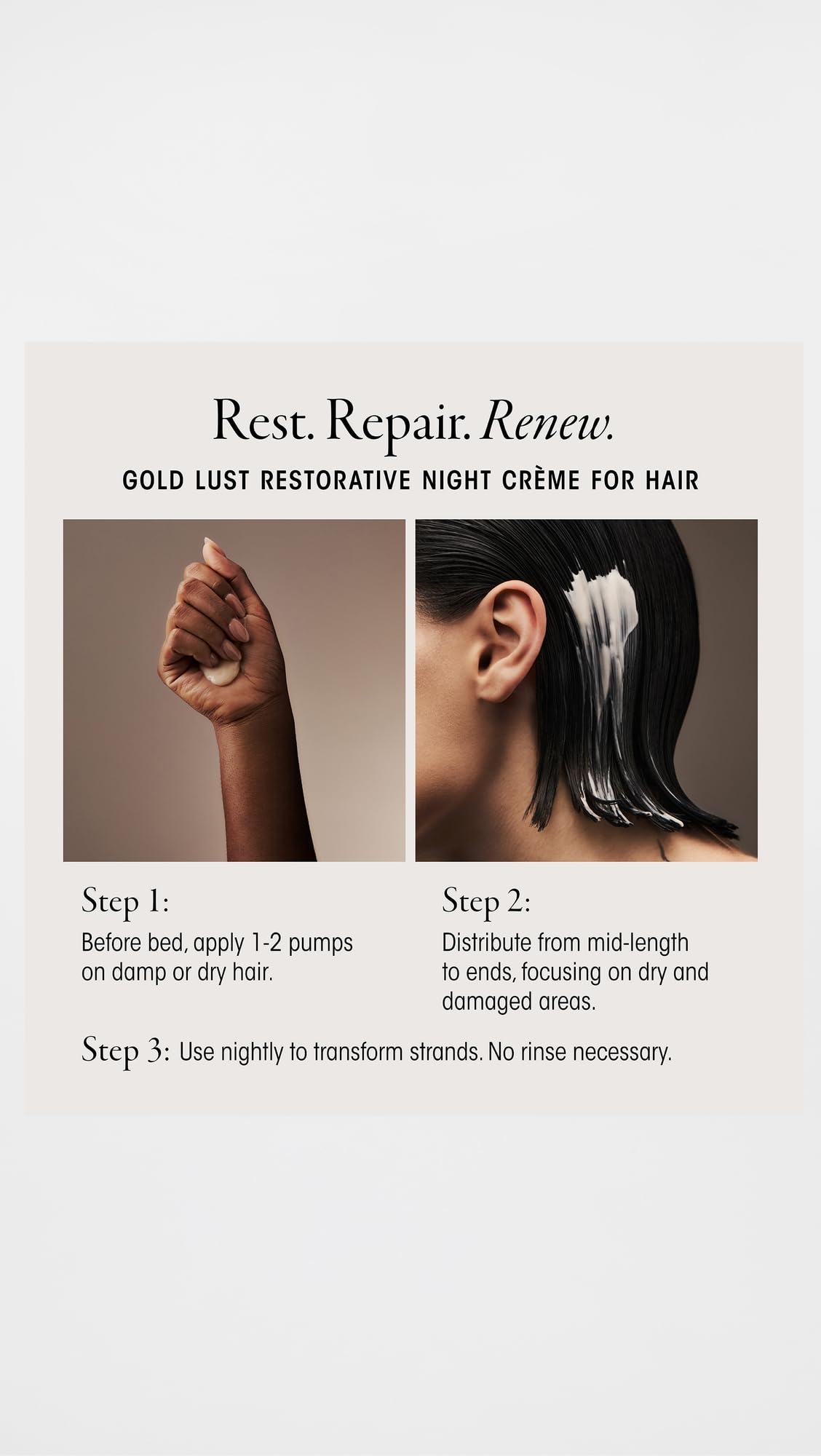 Hands applying ORIBE Gold Lust Night Cream to hair for overnight restoration
