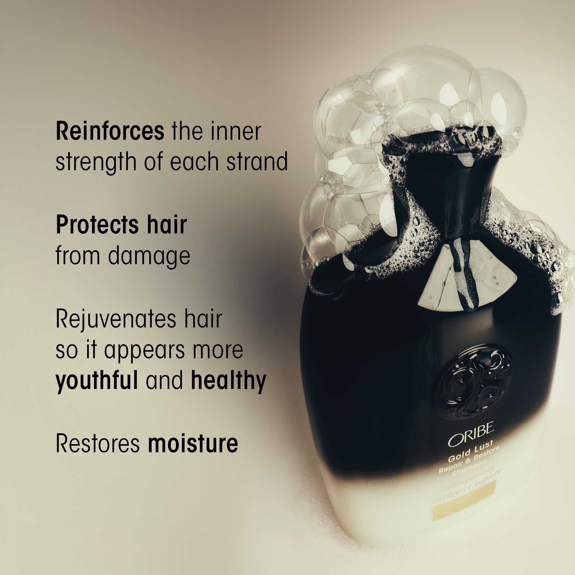 Oribe Gold Lust Shampoo bottle closeup, showcasing premium formula and texture
