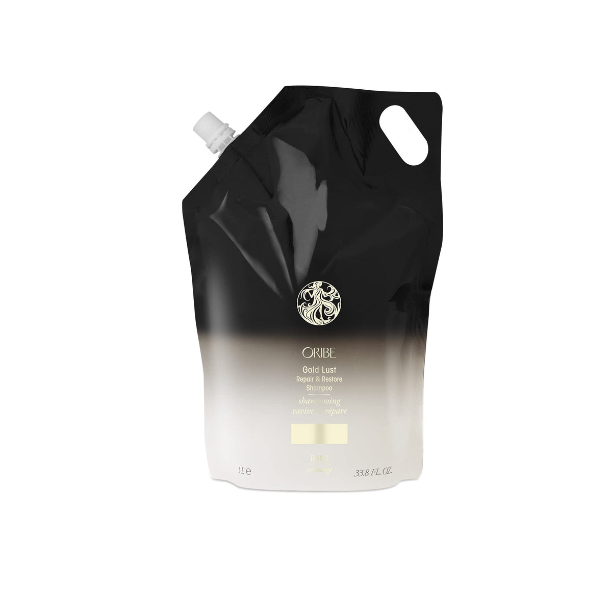 Oribe Gold Lust shampoo bottle shown for luxury cleansing and moisture on dry hair