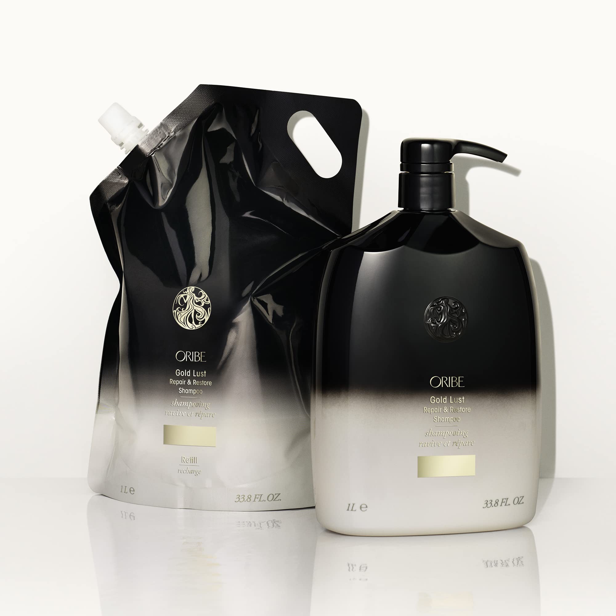 Oribe Gold Lust shampoo on sink in a daily care setup for routine use