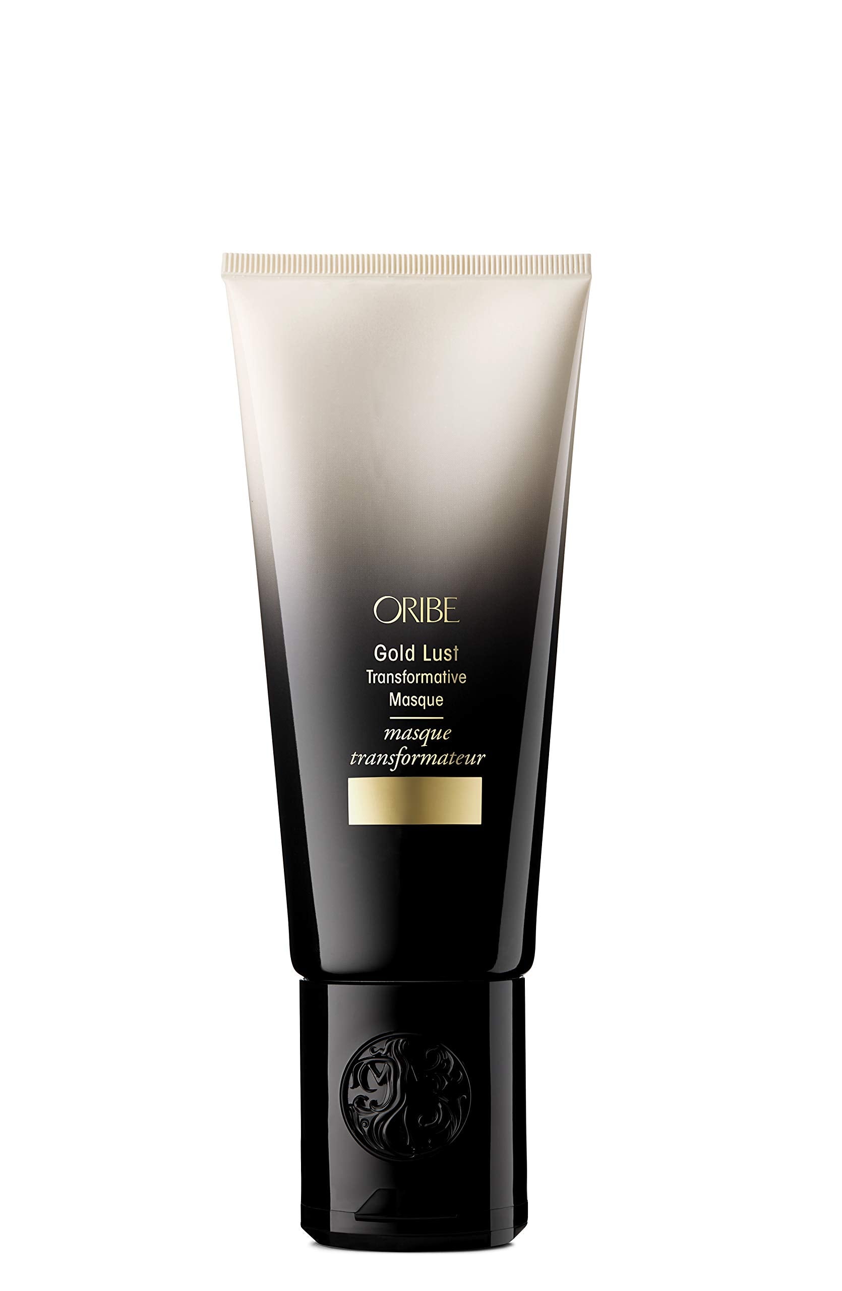Oribe Gold Lust Transformative Masque packaging close-up signaling intense nourishment.