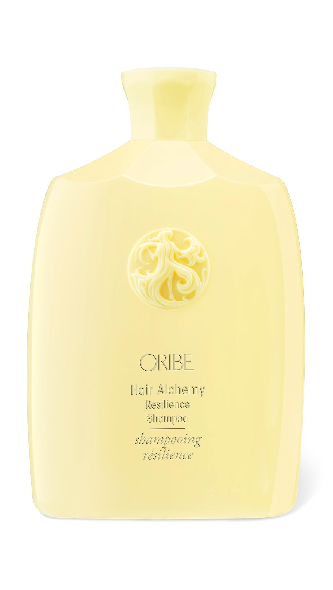 Oribe Hair Alchemy Resilience Shampoo bottle highlights premium design for strengthening fragile hair.