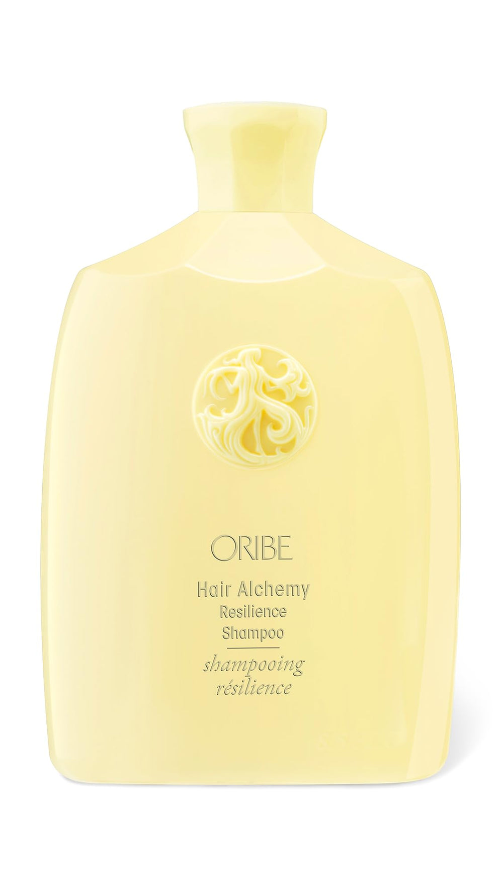 Oribe Hair Alchemy Resilience Shampoo bottle highlights premium design for strengthening fragile hair.