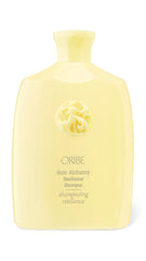 Oribe Hair Alchemy Resilience Shampoo bottle highlights premium design for strengthening fragile hair.