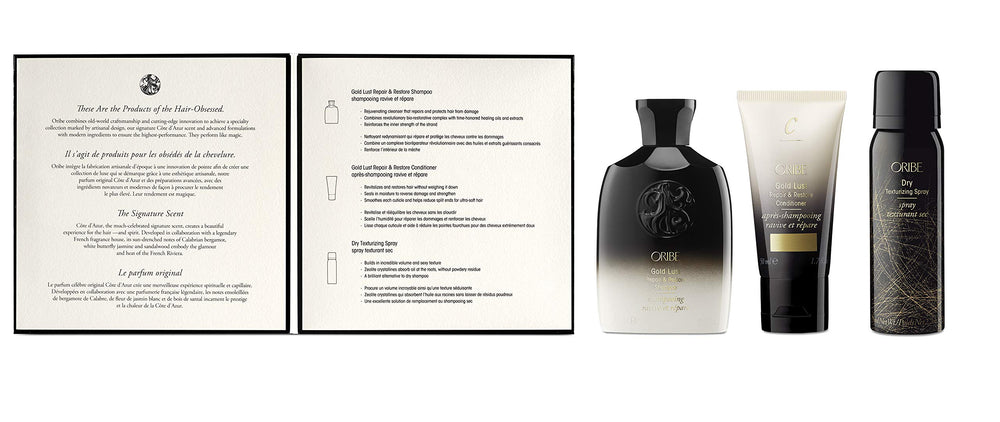 Oribe Obsessed Set product lineup emphasizing luxury hair care benefits