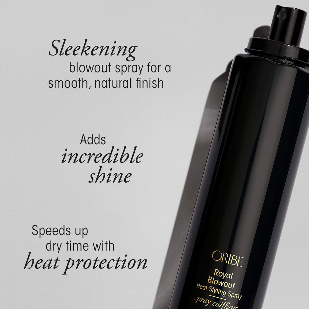 Oribe Royal Blowout hair shine focus shows glossy, healthy-looking strands.