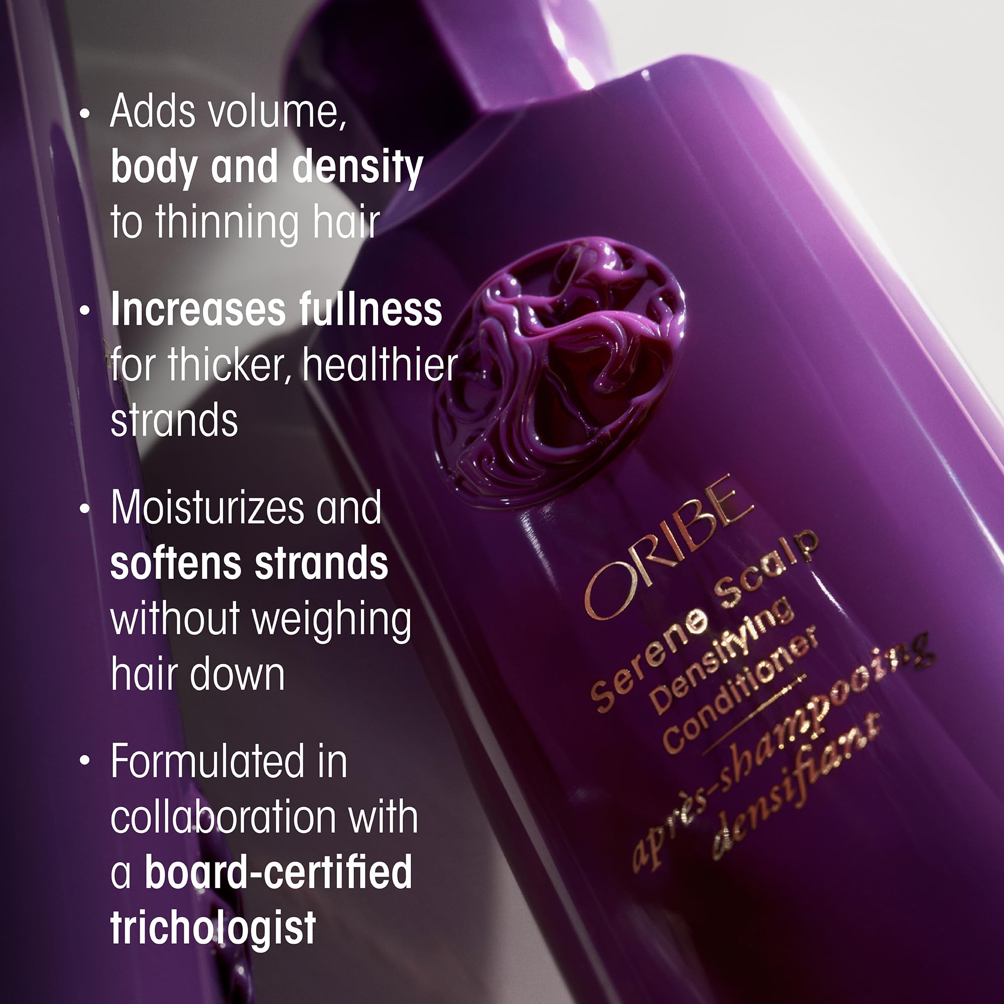 Hair after using Oribe Serene Scalp Densifying Conditioner shows fuller, healthier-looking strands.