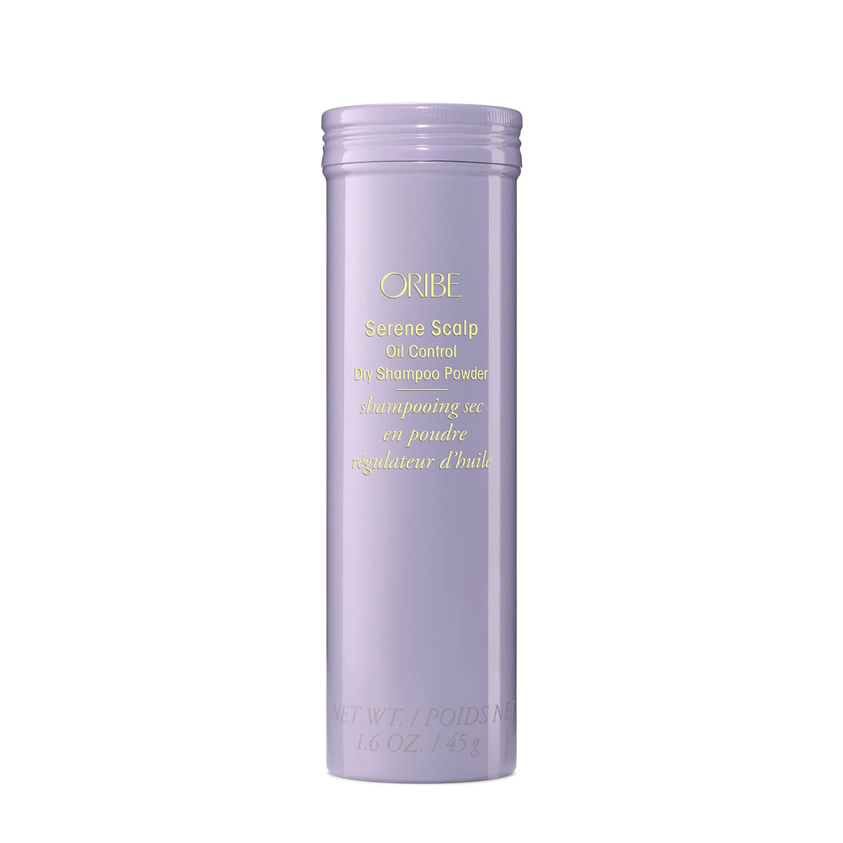 Oribe Serene Scalp Dry Shampoo Powder bottle close-up showing oil absorption for fresh roots.