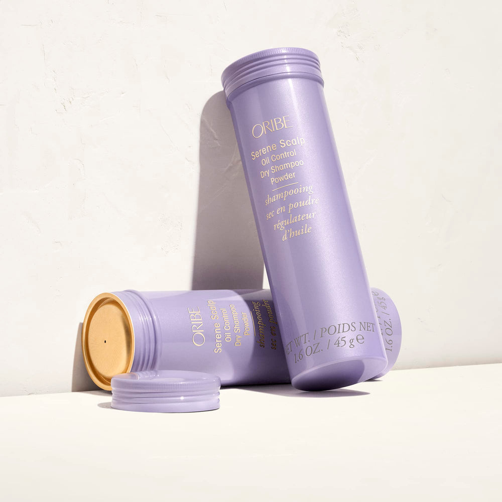 Oribe Serene Scalp Dry Shampoo Powder compact-sized packaging.