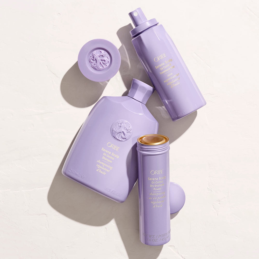 Oribe Serene Scalp Dry Shampoo Powder packaging with mango leaf extract badge.