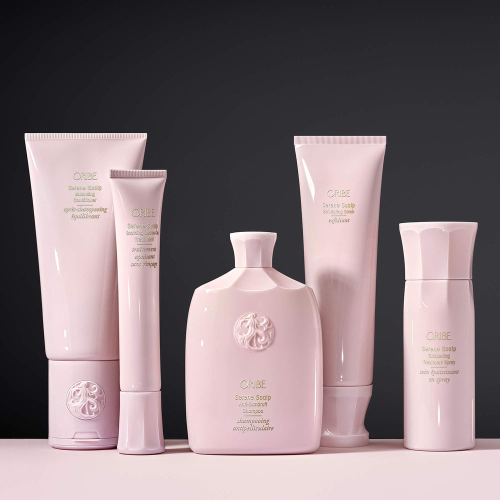 Oribe Serene Scalp Shampoo close-up texture emphasizing soothing scalp benefits.