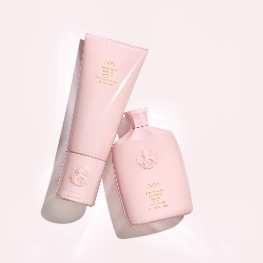 Oribe Serene Scalp Shampoo label displays dermatologist-tested, paraben-free ingredients.