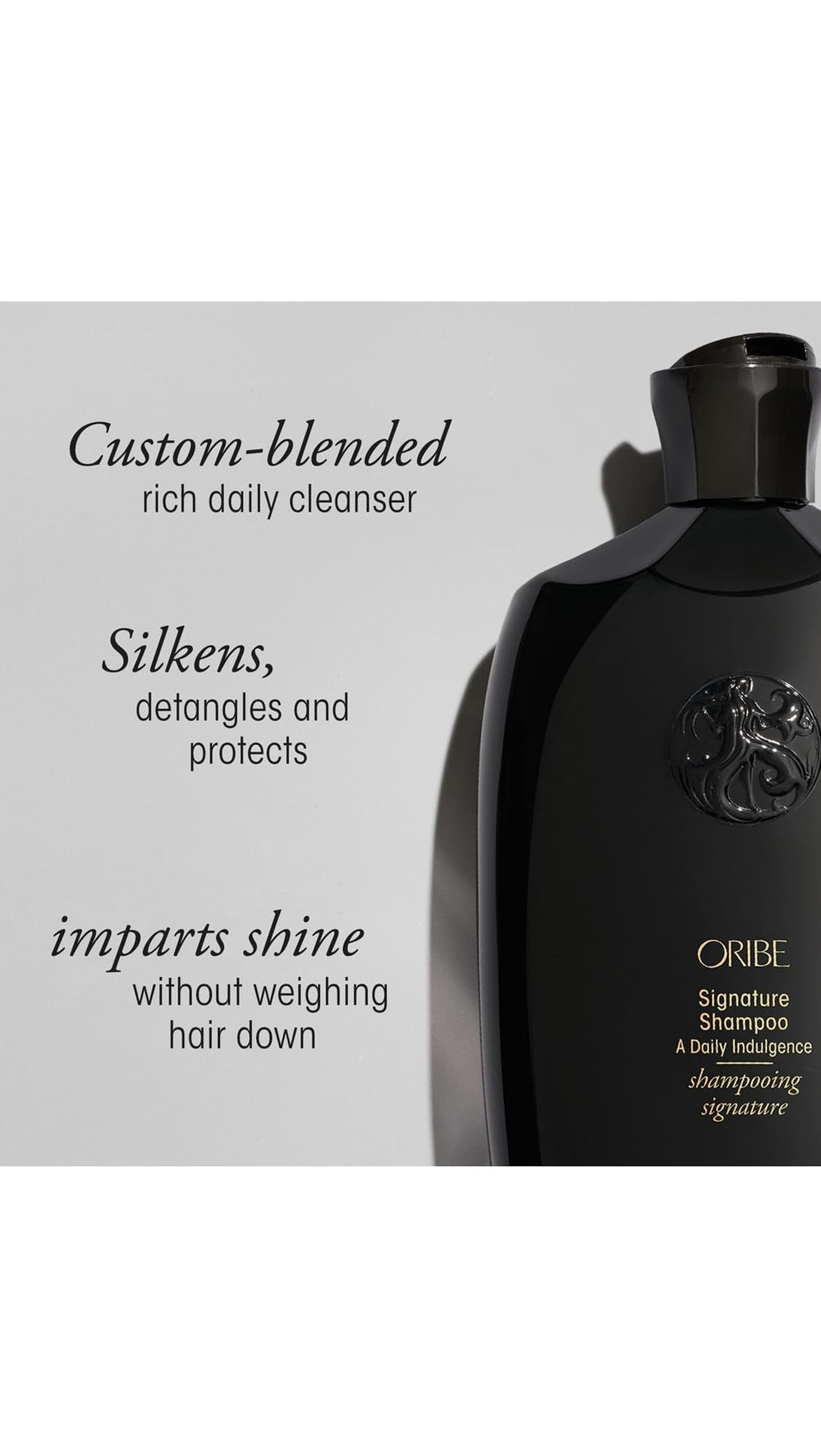Glossy hair after washing with Oribe Signature Shampoo highlights UV protection.