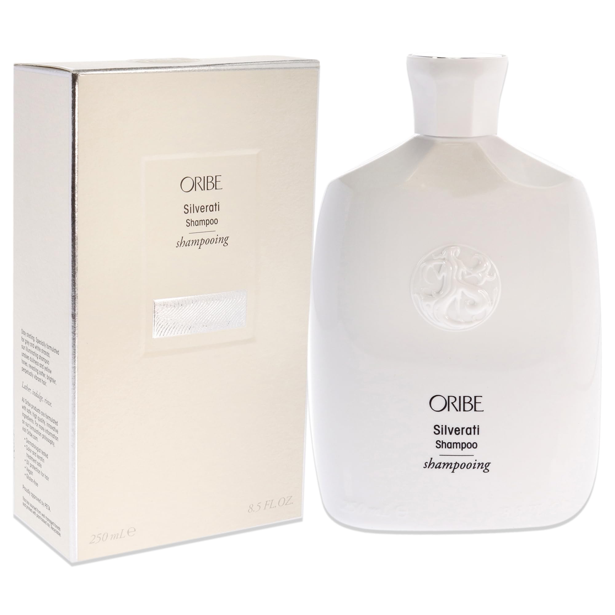 Oribe Silverati Shampoo label closeup highlighting protection from environmental stress.