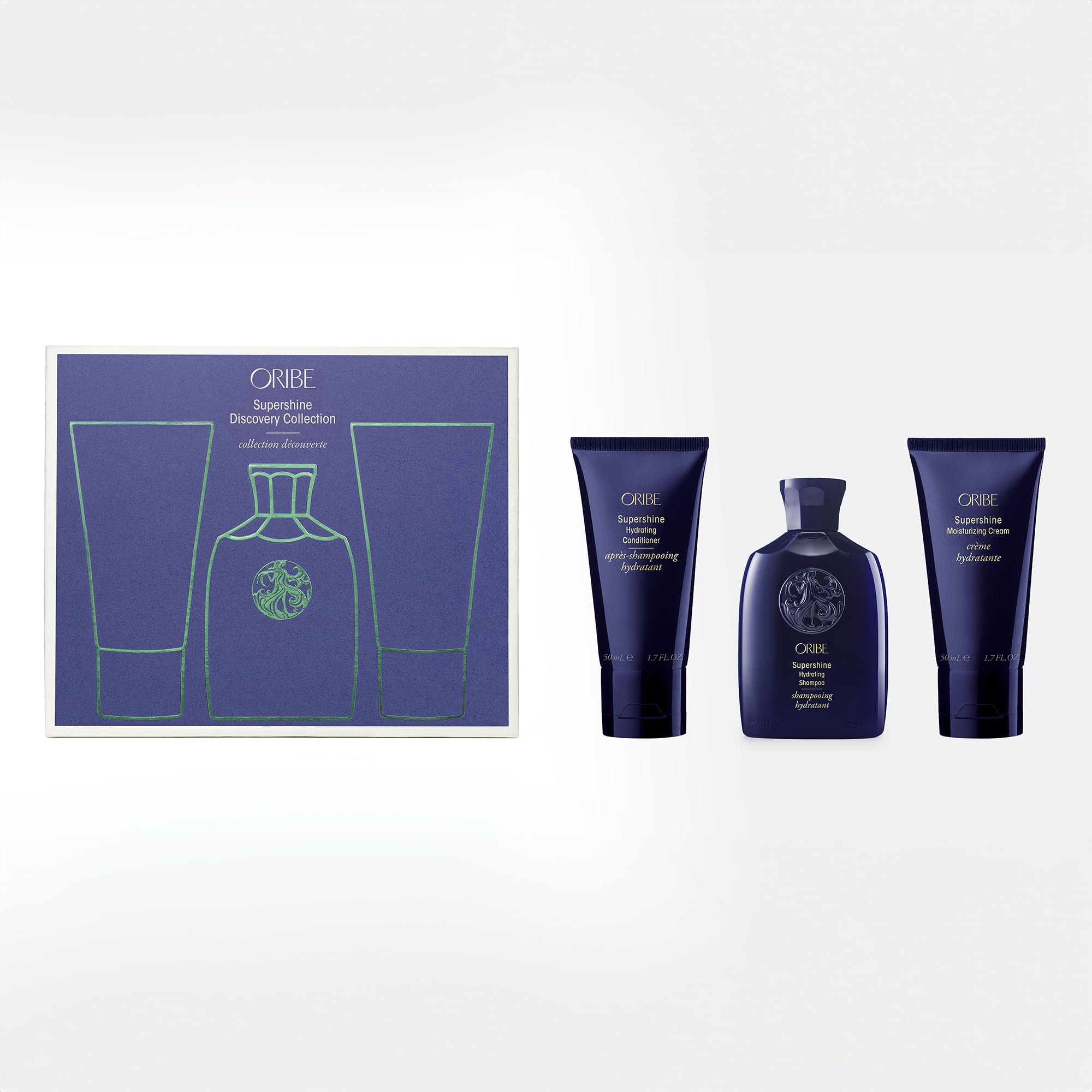 Oribe Supershine Shampoo travel bottle shows rich hydration and shine.