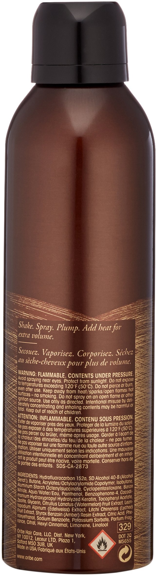 Oribe Thick Dry Finishing Spray label close-up with UV protection