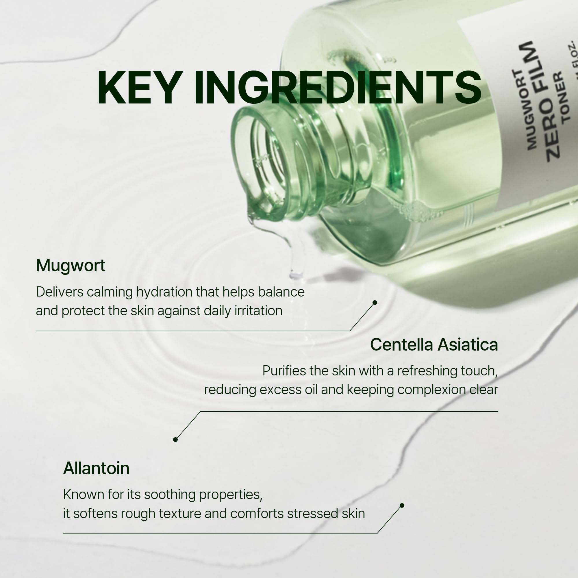 Orien Mugwort Zero Film Toner, ingredientes mugwort y centella, beneficios calmantes sin irritación.