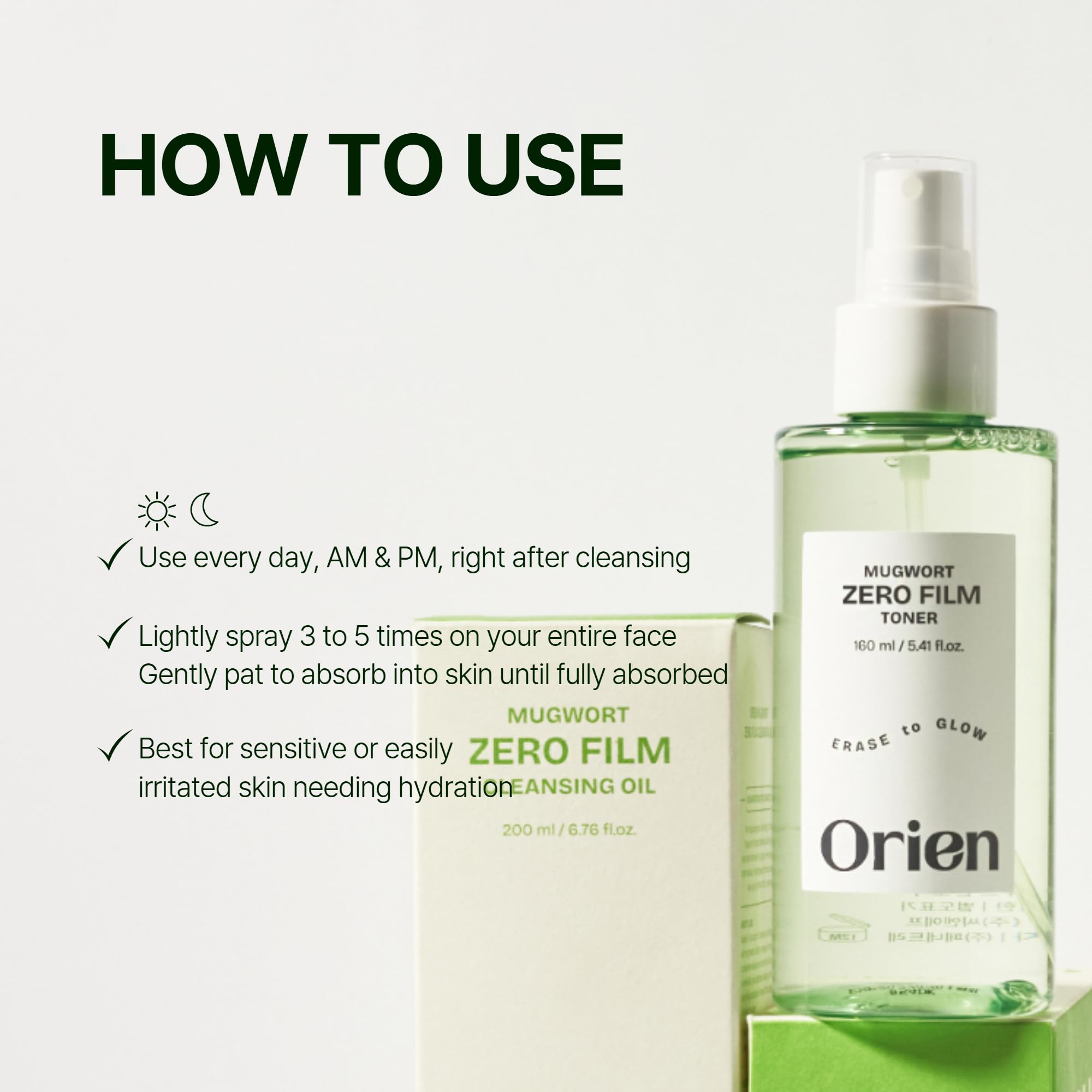 Orien Mugwort Zero Film Toner, tamaño 160 ml, formato práctico para viajar.
