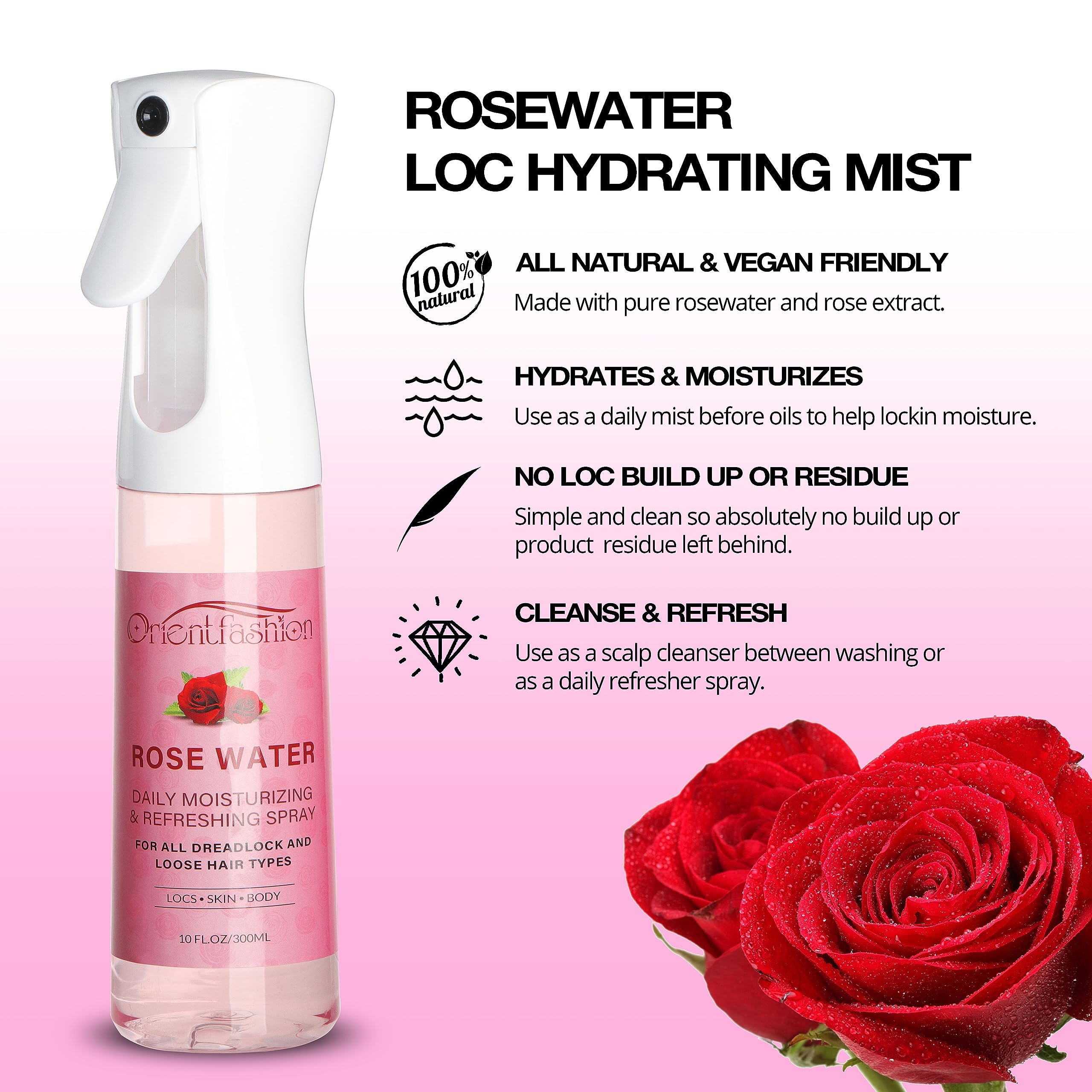 Ingredientes naturales de Orientfashion LocSpray, con rosas y menta para cuidado delicado.