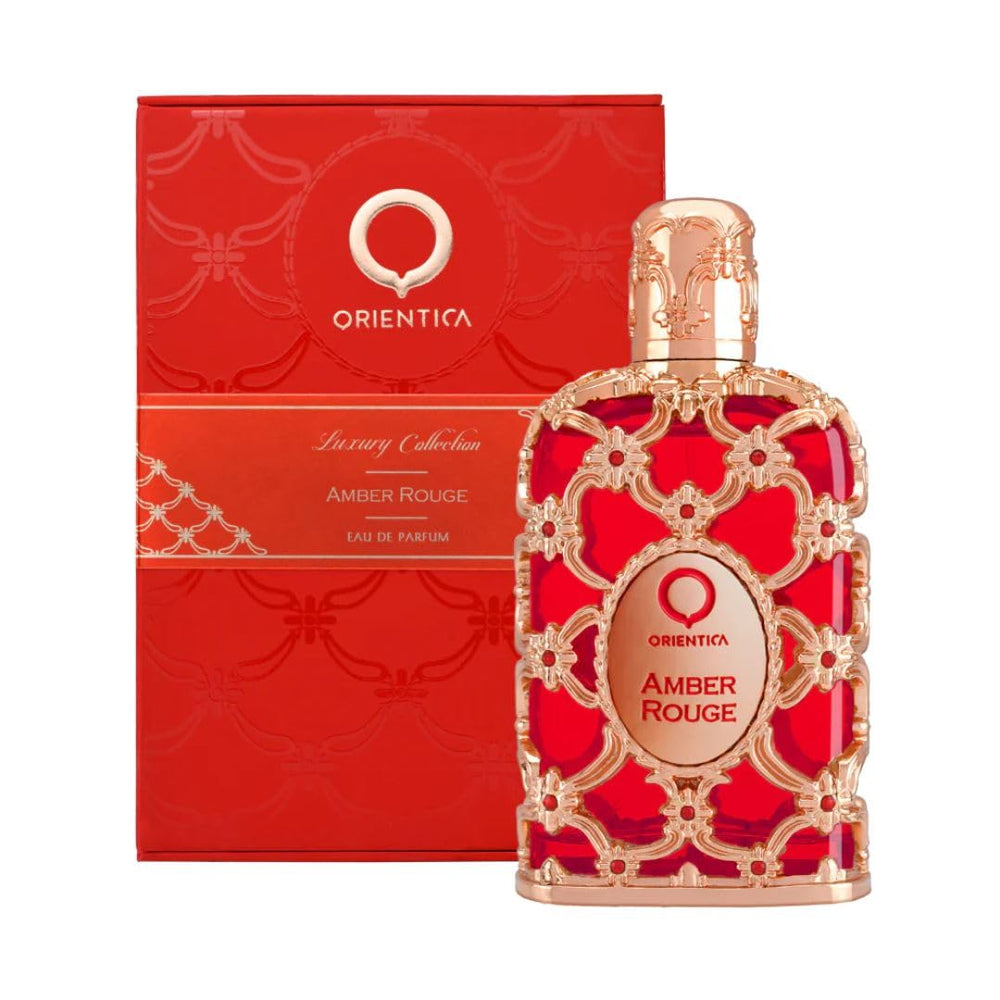 Orientica Amber Rouge bottle close-up, a luxurious unisex scent for evening wear.