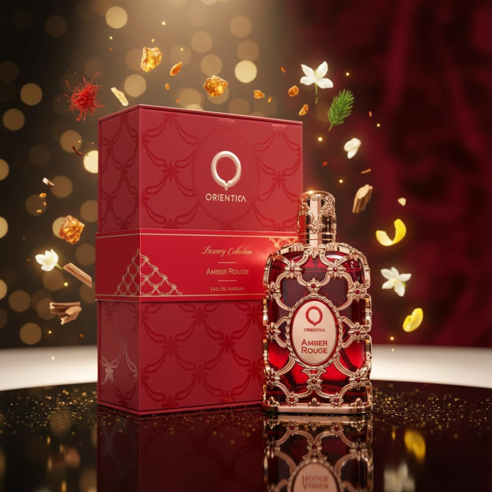 Orientica Amber Rouge cap and atomizer detail, smooth spray for easy application.