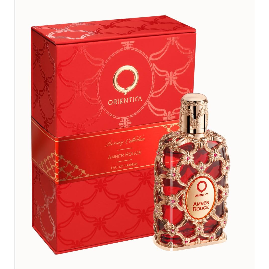 Orientica Amber Rouge on a shelf display, sophisticated evening fragrance.