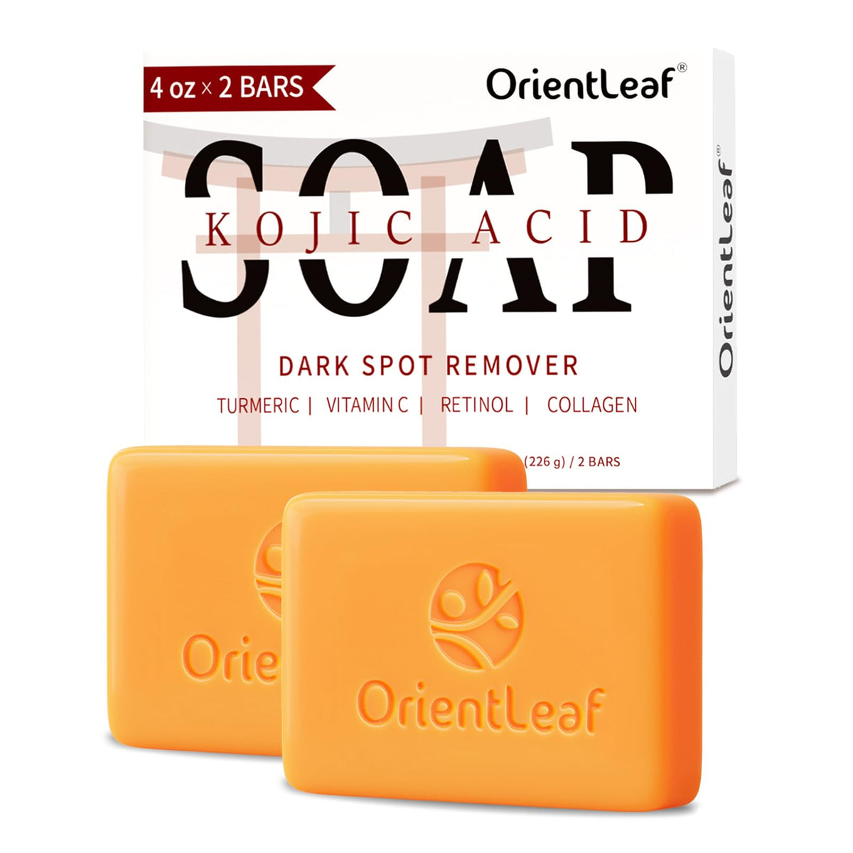 Jabón ORIENTLEAF Kojic Turmeric, embalaje visible para limpieza suave diaria.