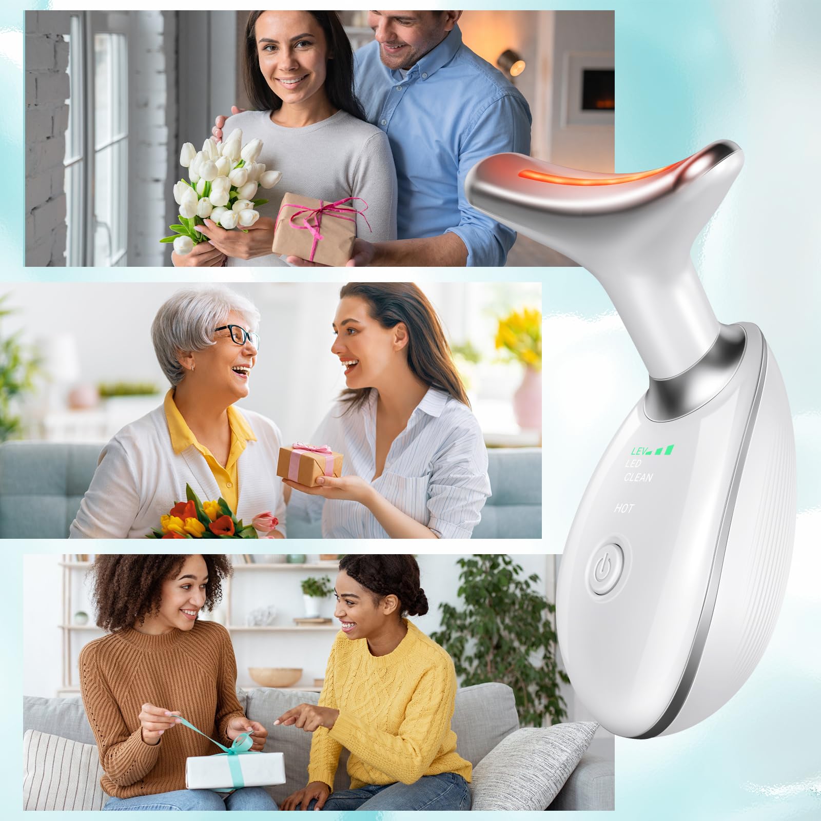 Oriflame user applying serums while massaging with the device.