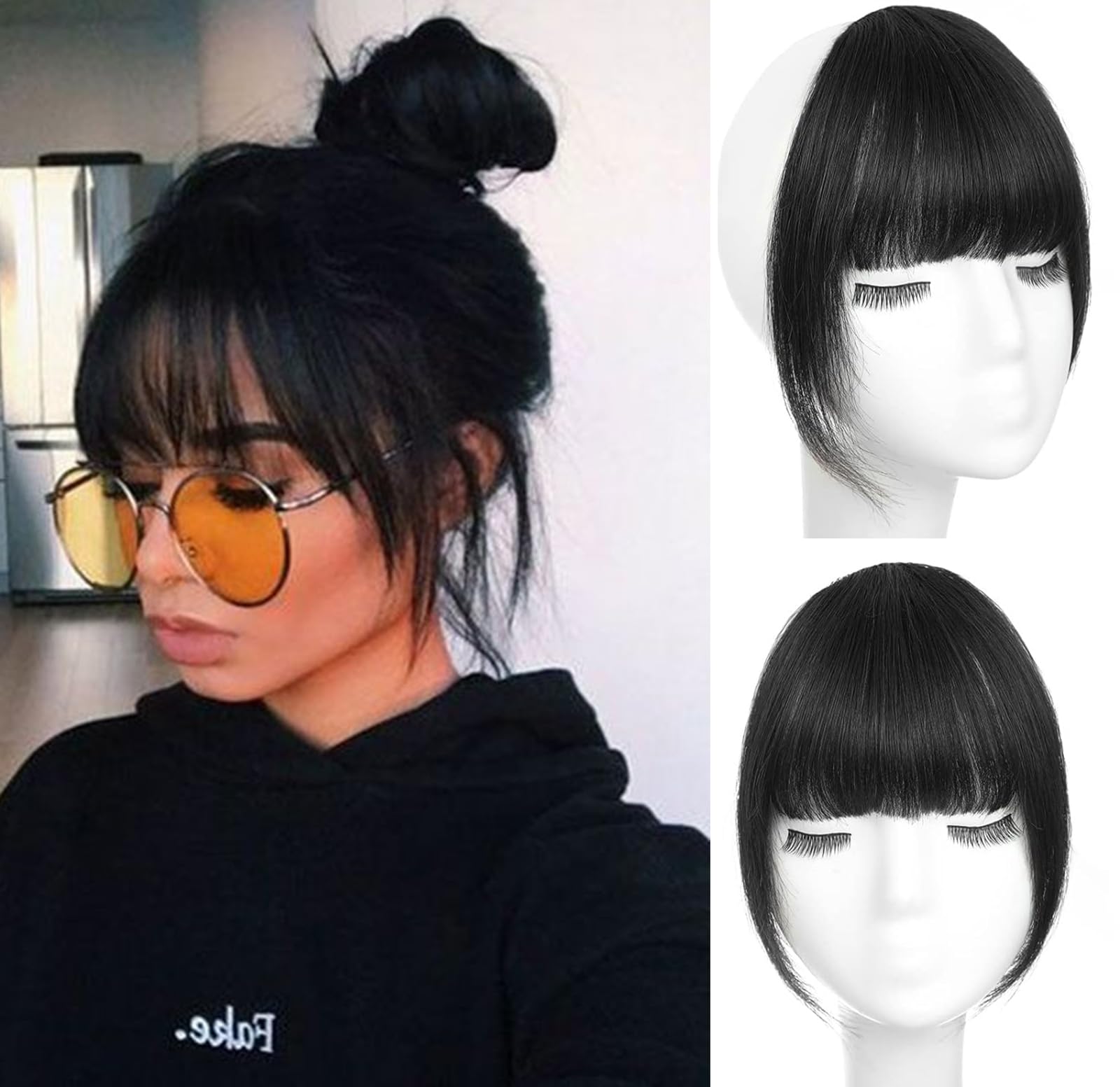 Origen clip-in bangs blend naturally in jet black, front view for a seamless frame.