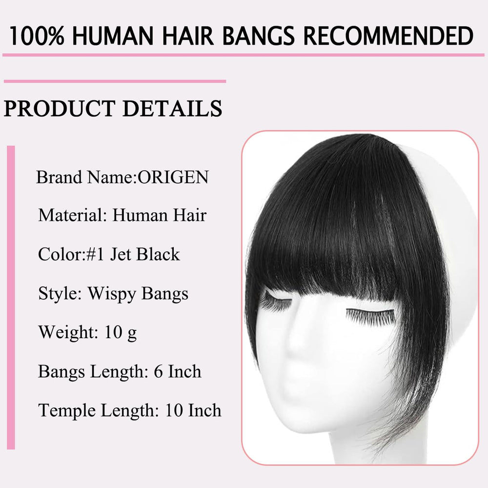 Origen clip-in bangs in jet black, side view showing natural fall and blend.