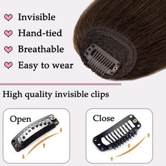 ORIGEN wispy bangs on dark brown hair with clip-on ease.