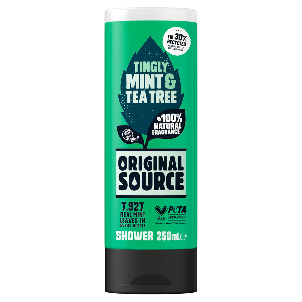 Original Source gel de ducha té árbol y menta, enfoque visual: etiqueta verde que sugiere frescura