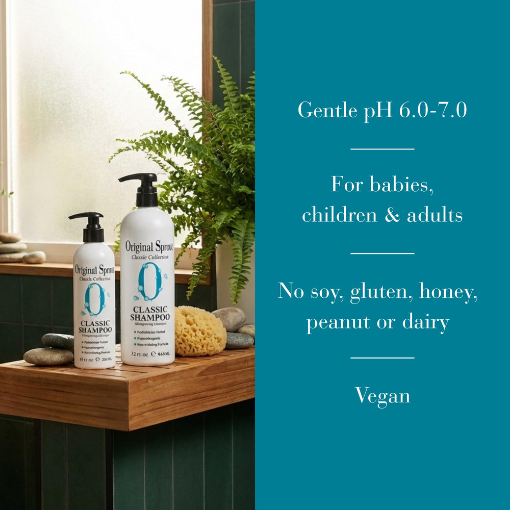 Original Sprout Classic Shampoo bottle emphasizes USA-made packaging and California production.
