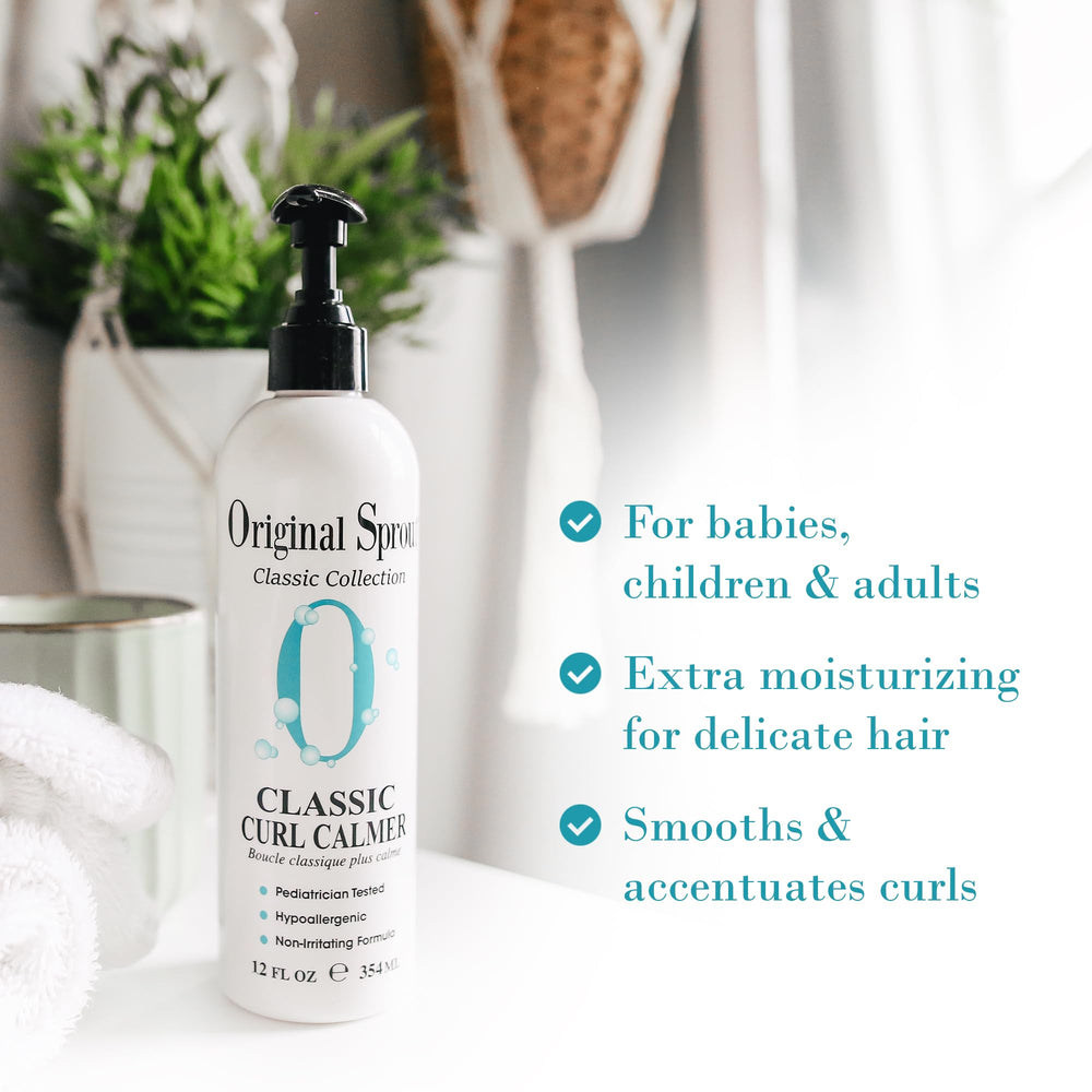 Original Sprout Curl Calmer cream on hair emphasizes moisture and defined curls.