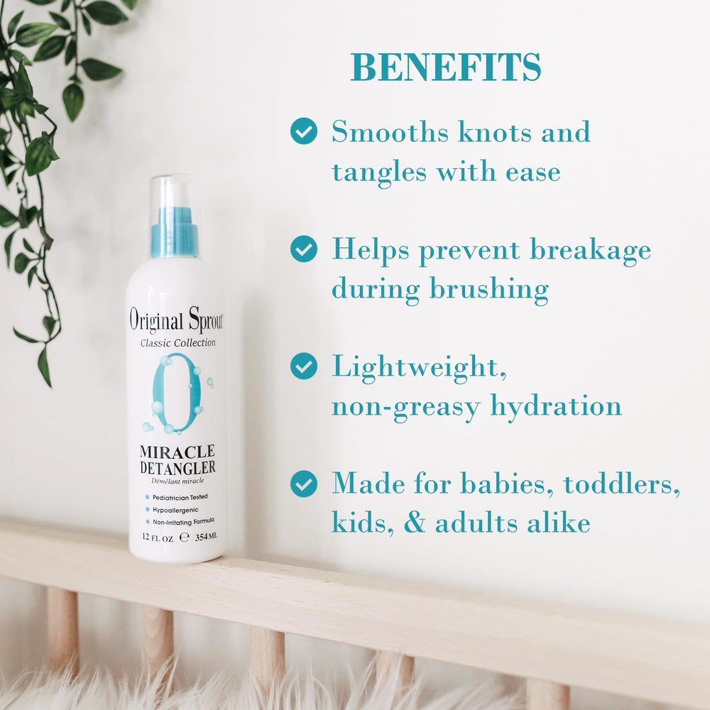 Original Sprout Miracle Detangler Spray label close-up shows vegan formula.