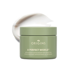 Origins A Perfect World bottle closeup showcasing daily hydration and environmental defense.