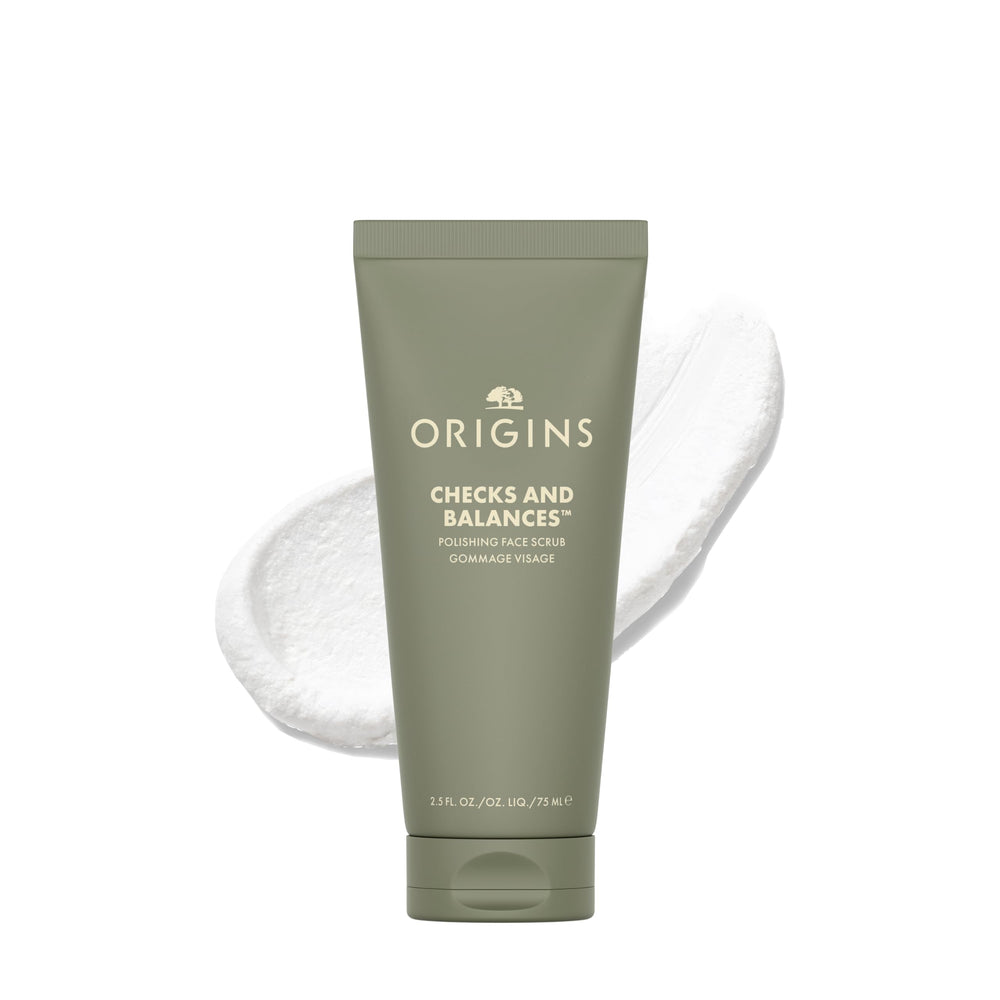Origins Checks and Balances polishing face scrub bottle shows bamboo and silica for gentle exfoliation